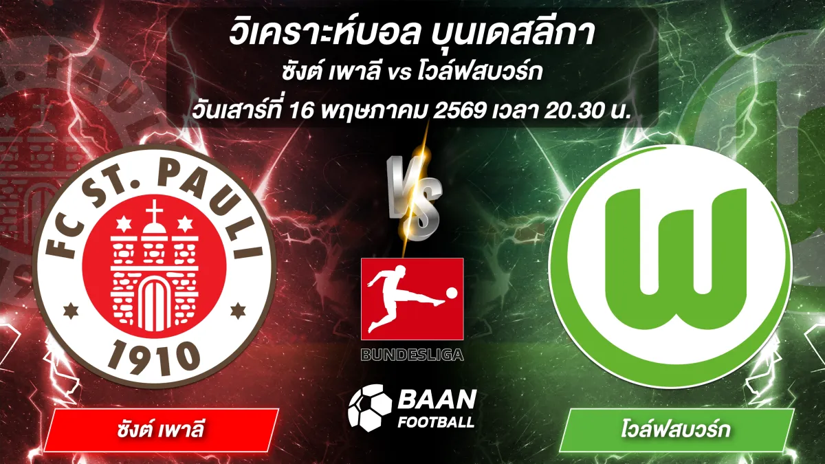 ภาพวิเคราะห์บอลวันนี้ ซังต์ เพาลี พบ โวล์ฟสบวร์ก ในศึกบุนเดสลีกา วันเสาร์ที่ 16 พฤษภาคม 2569 เวลา 20.30 น.
