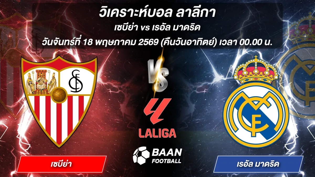 ภาพวิเคราะห์บอลวันนี้ เซบีย่า พบ เรอัล มาดริด ลาลีกา วันจันทร์ที่ 18 พฤษภาคม 2569 เวลา 00.00 น.