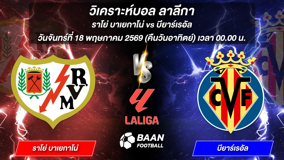 ภาพวิเคราะห์บอลวันนี้ ราโย่ บาเยกาโน่ พบ บียาร์เรอัล ลาลีกา วันจันทร์ที่ 18 พฤษภาคม 2569 เวลา 00.00 น.