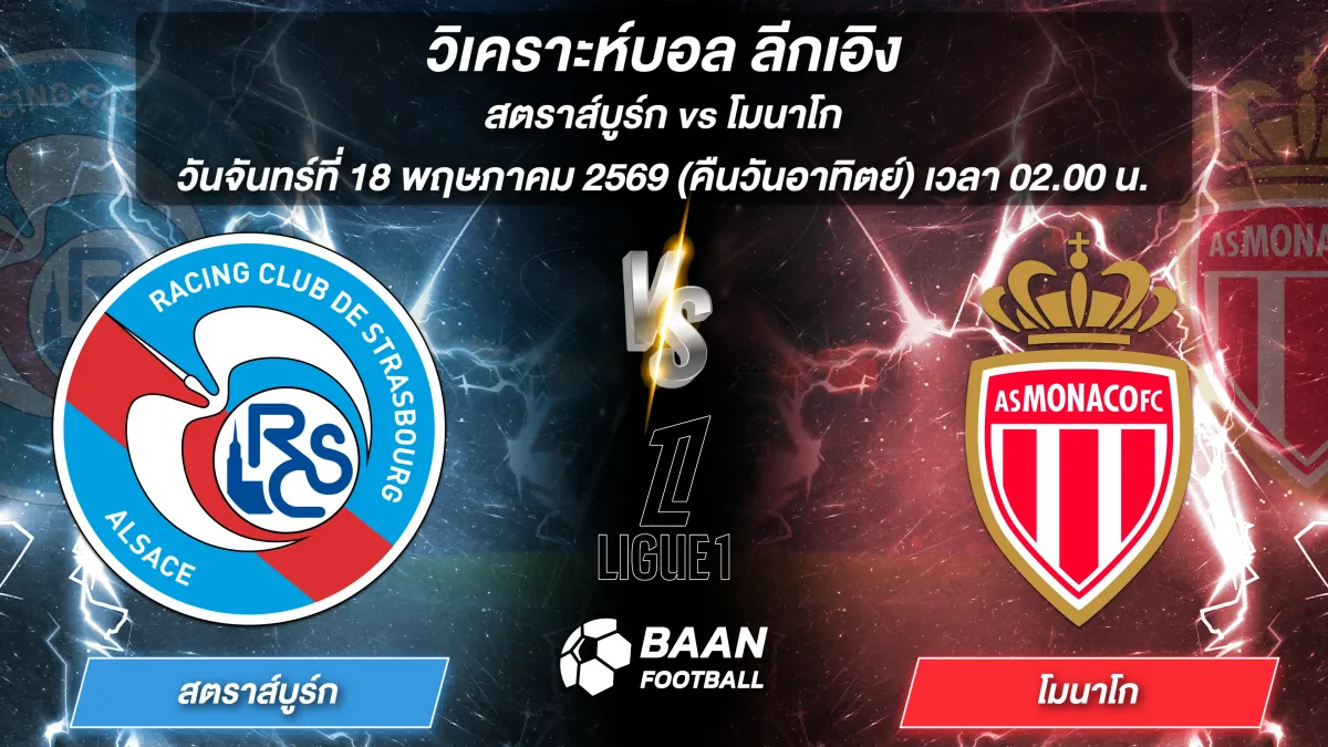 ภาพวิเคราะห์บอลวันนี้ สตราส์บูร์ก พบ โมนาโก ลีกเอิง วันจันทร์ที่ 18 พฤษภาคม 2569 เวลา 02.00 น.