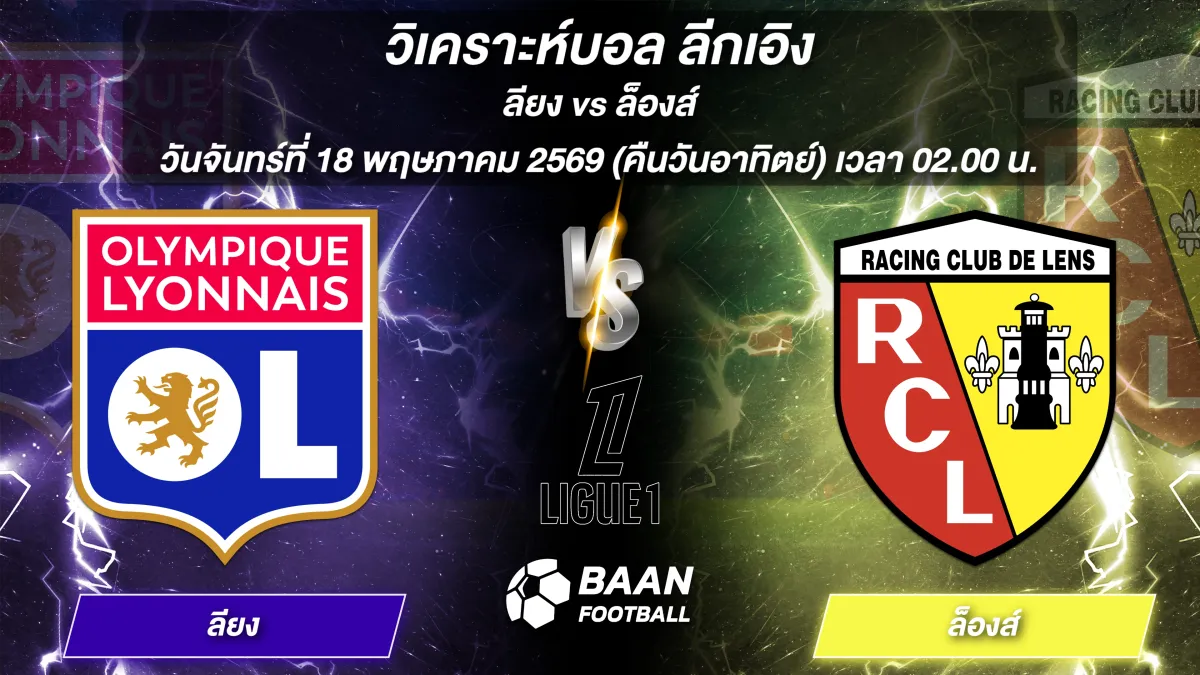 ภาพวิเคราะห์บอลวันนี้ ลียง พบ ล็องส์ ลีกเอิง วันจันทร์ที่ 18 พฤษภาคม 2569 เวลา 02.00 น.