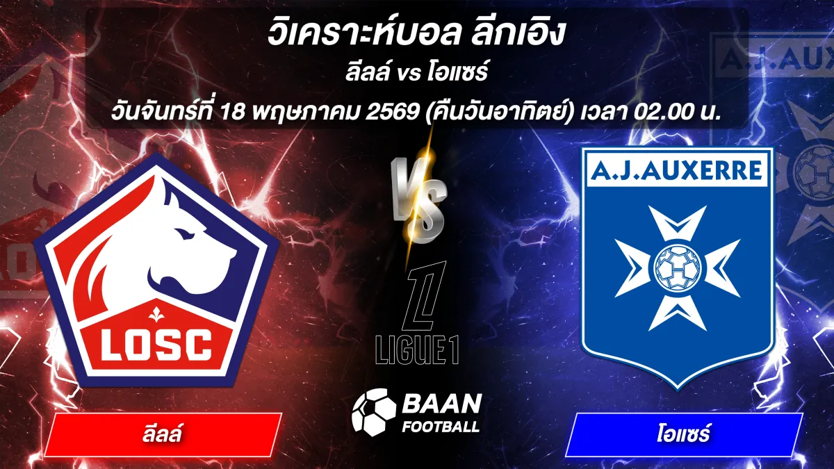 ภาพวิเคราะห์บอลวันนี้ ลีลล์ พบ โอแซร์ ลีกเอิง วันจันทร์ที่ 18 พฤษภาคม 2569 เวลา 02.00 น.